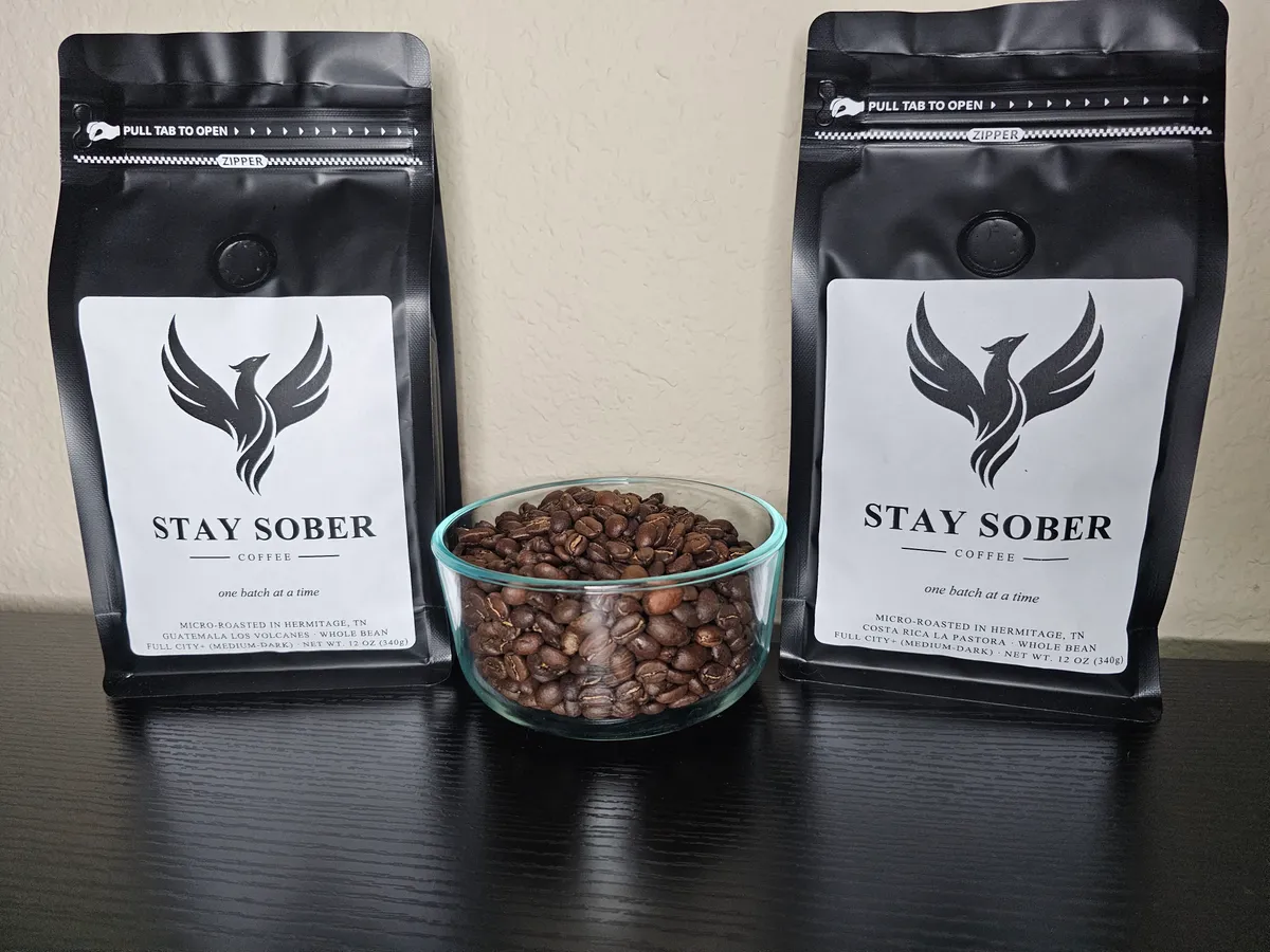 Stay Sober Coffee, Guatemala Los Volcanes and Costa Rica La Pastora bags with roasted beans