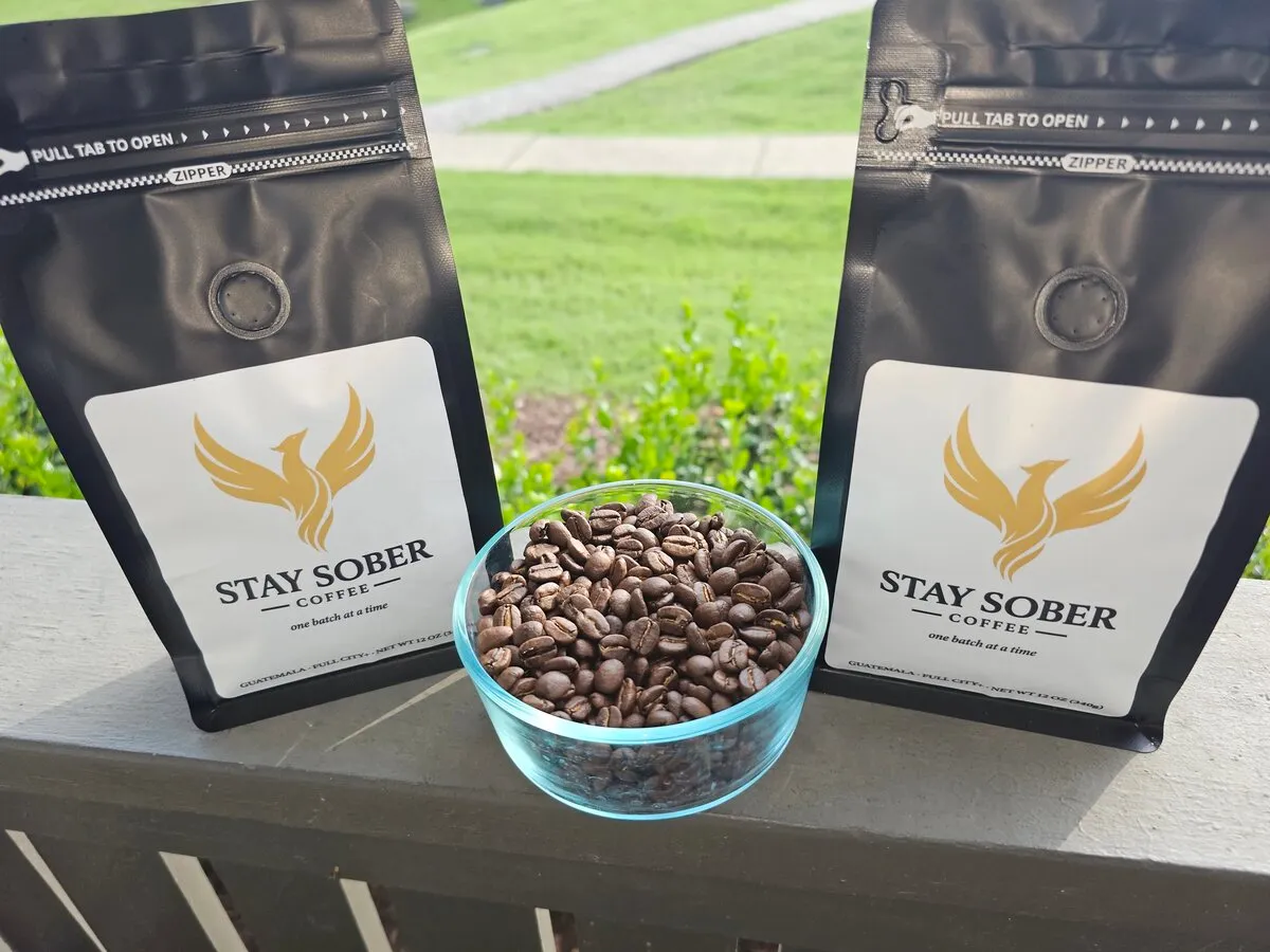 Two Stay Sober Coffee bags with freshly roasted coffee beans